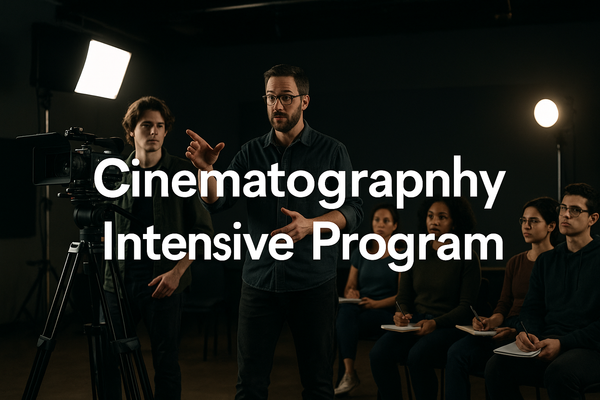 An image of a cinematography course with the text "Cinematography Intensive Program" in white letters across the image